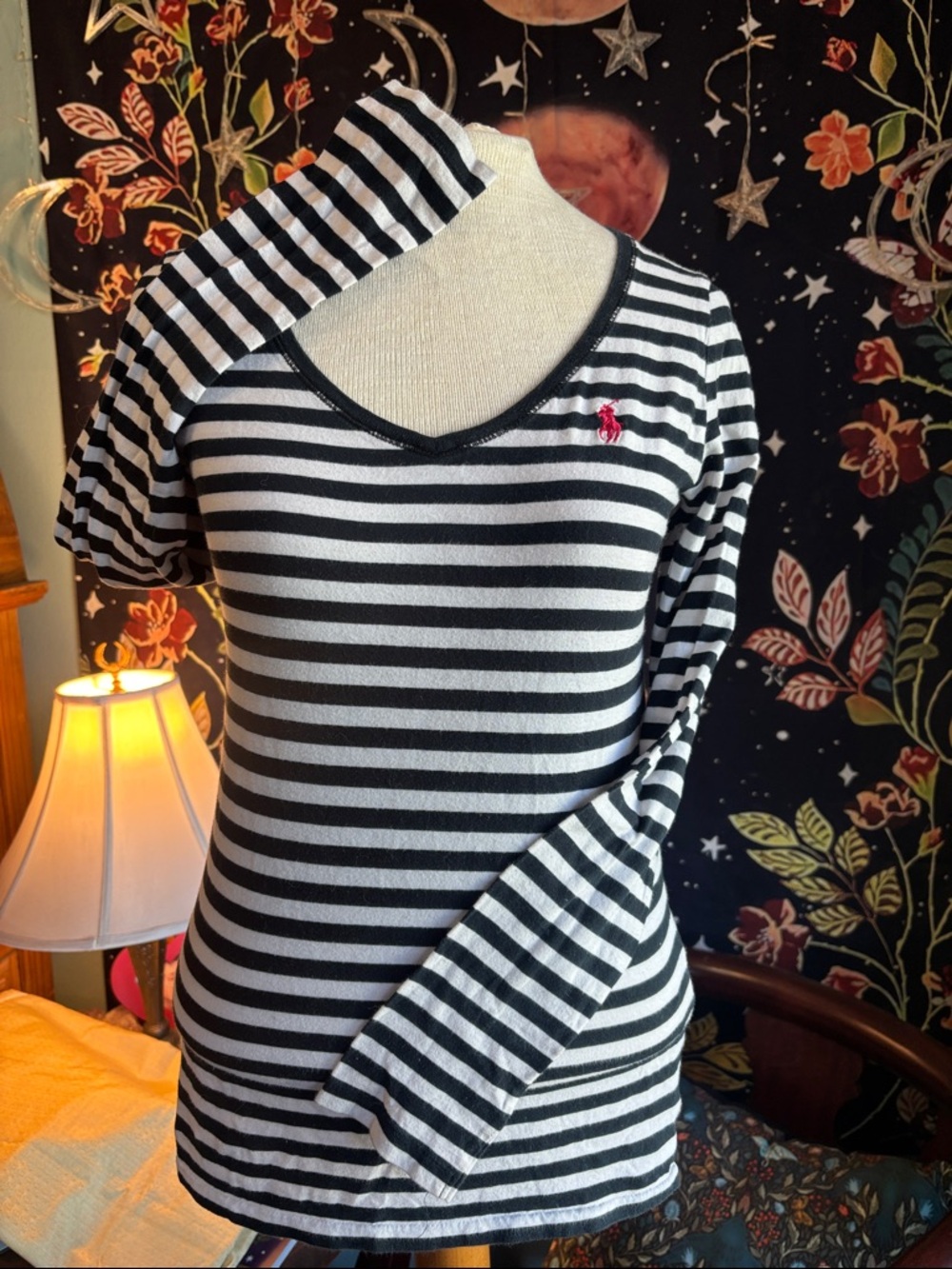 Ralph Lauren Black and White Striped V-Neck Long Sleeve Tee